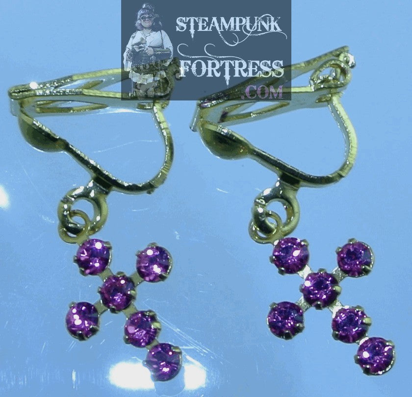 CLIPS GOLD CROSSES PINK ROSE SWAROVSKI CRYSTALS CLIP ONS EARRINGS STARR WILDE STEAMPUNK FORTRESS
