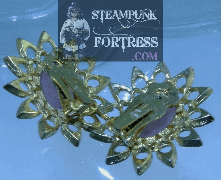 CLIPS GOLD JADE PINK GEMSTONES SUNBURST CLIP ON EARRINGS STARR WILDE STEAMPUNK FORTRESS