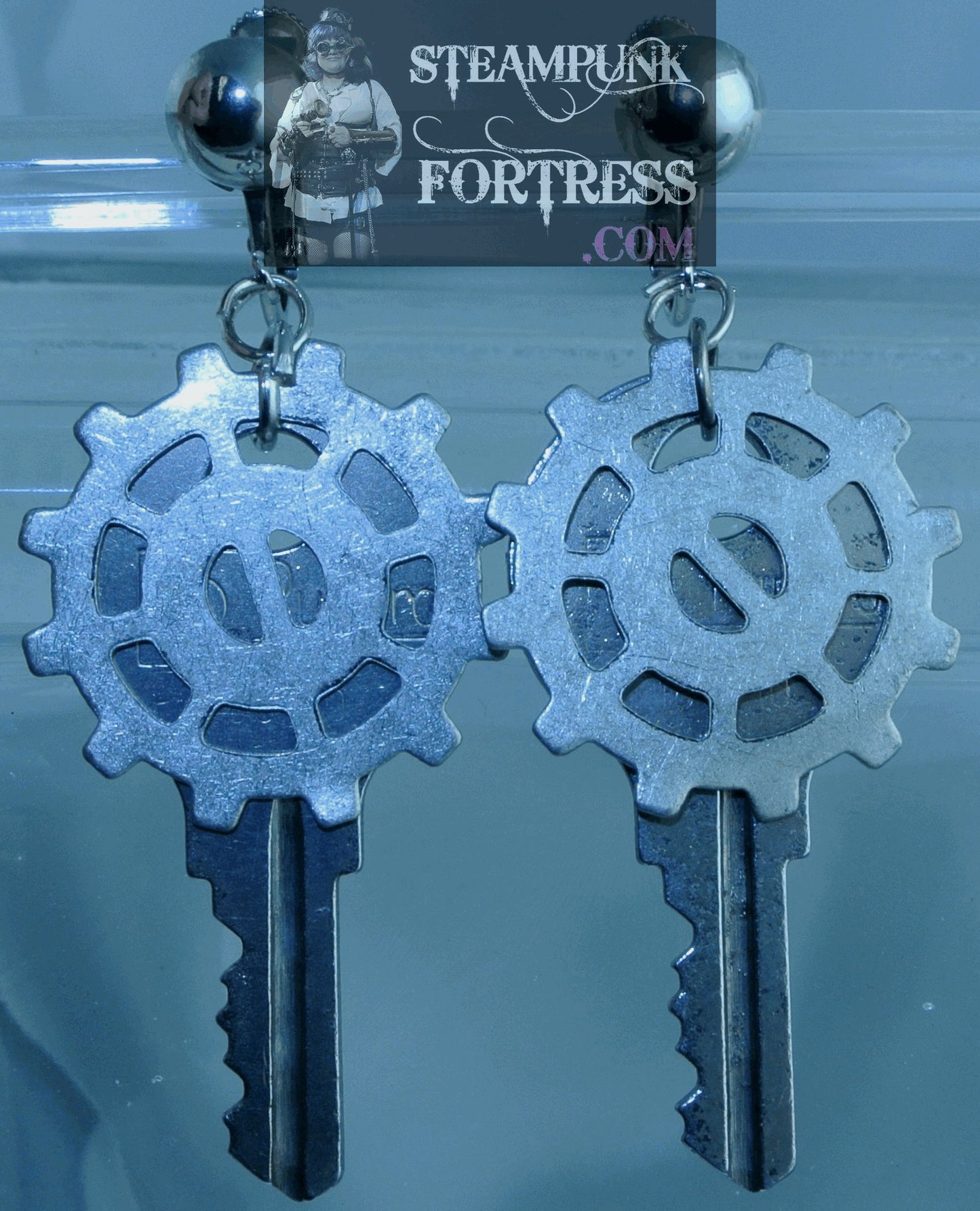 CLIPS SILVER GEARS SPOKE WATCH CLOCK KEYS SCREWBACK CLIP ON EARRINGS STARR WILDE STEAMPUNK FORTRESS