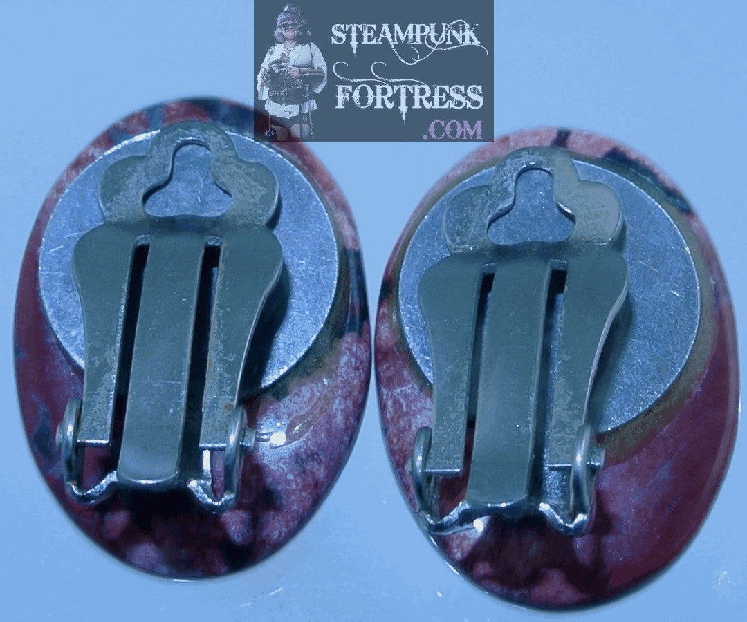 CLIPS SILVER RHODONITE GEMSTONE SILVER GEARS PINK BLACK CLIP ONS EARRINGS STARR WILDE STEAMPUNK FORTRESS