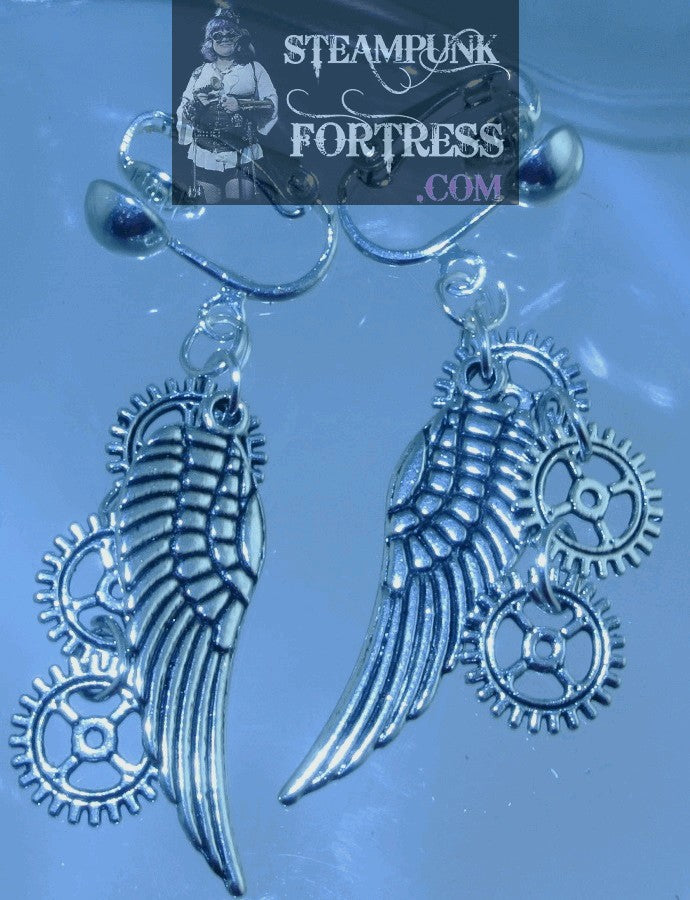 CLIPS SILVER WINGS MEDIUM 3 4 ARM GEARS CLIP ON EARRINGS FAIRY HALLOWEEN STARR WILDE STEAMPUNK FORTRESS
