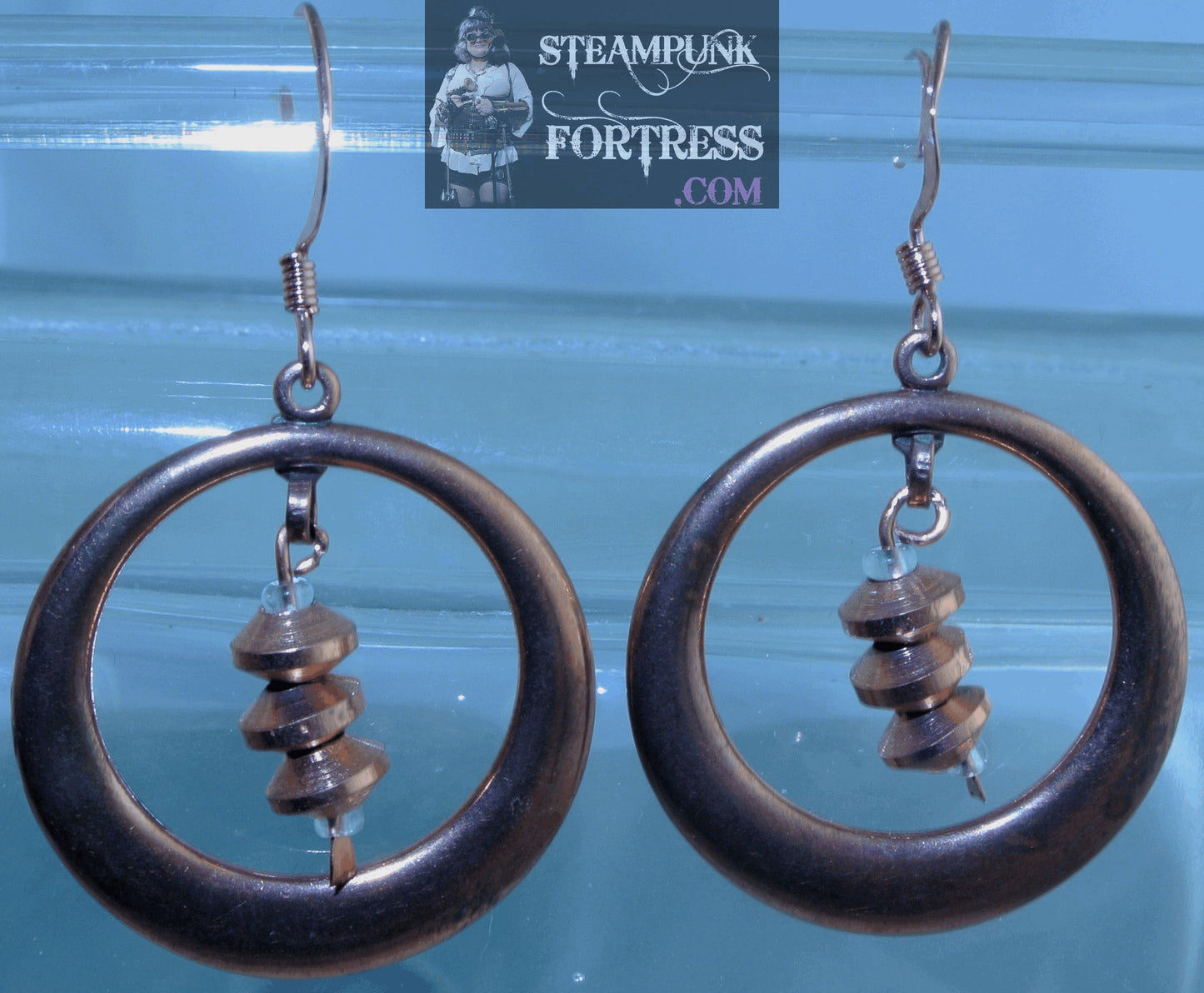 COPPER BRIGHT CIRCLE 3 COPPER BEADS DROP HOOPS PIERCED EARRINGS STARR WILDE STEAMPUNK FORTRESS