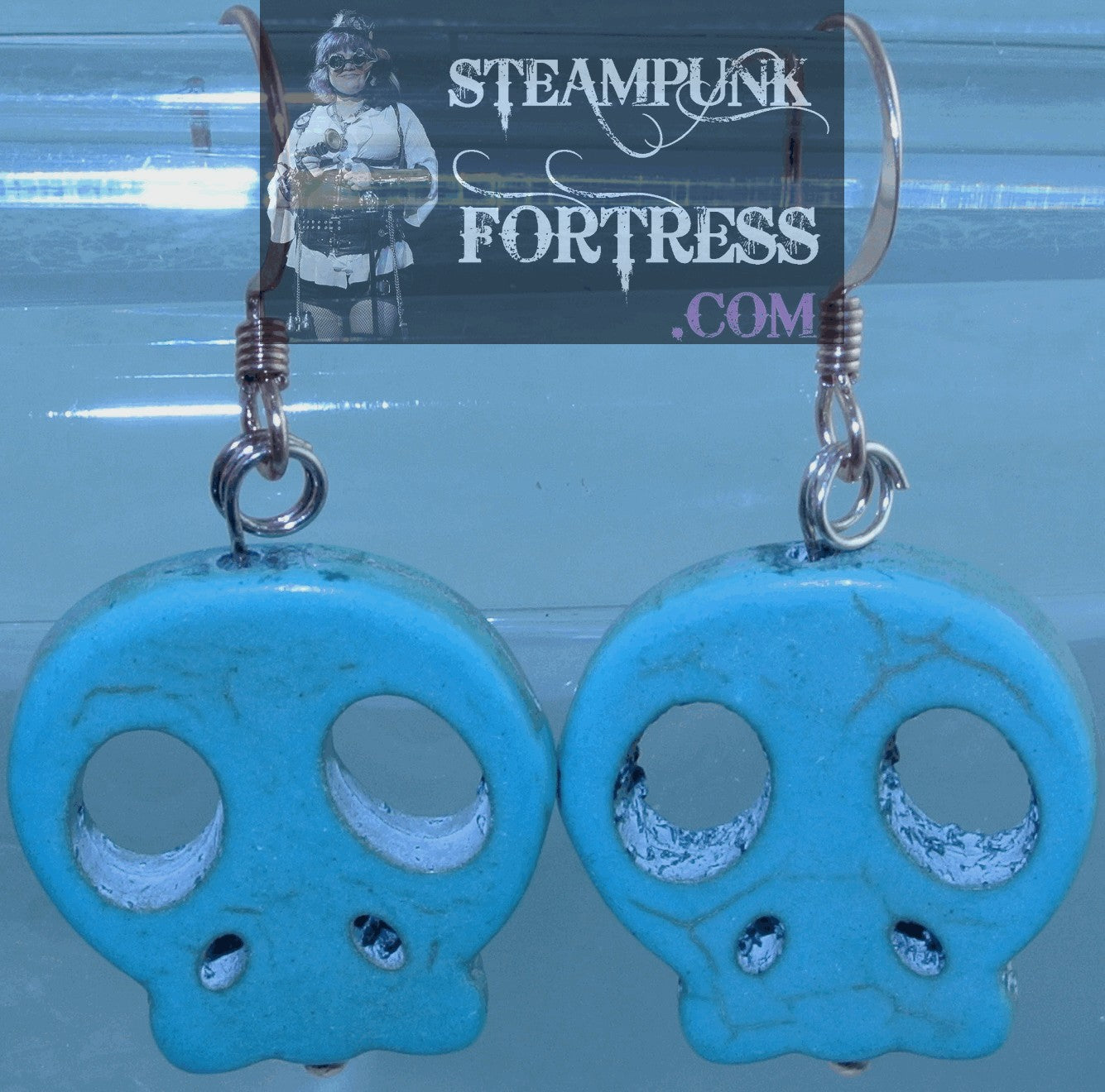 COPPER BRIGHT ROSE GOLD SKULLS FACE FLAT 3D TURQUOISE HOWLITE GEMSTONE PIRATE HALLOWEEN PIERCED EARRINGS STARR WILDE STEAMPUNK FORTRESS