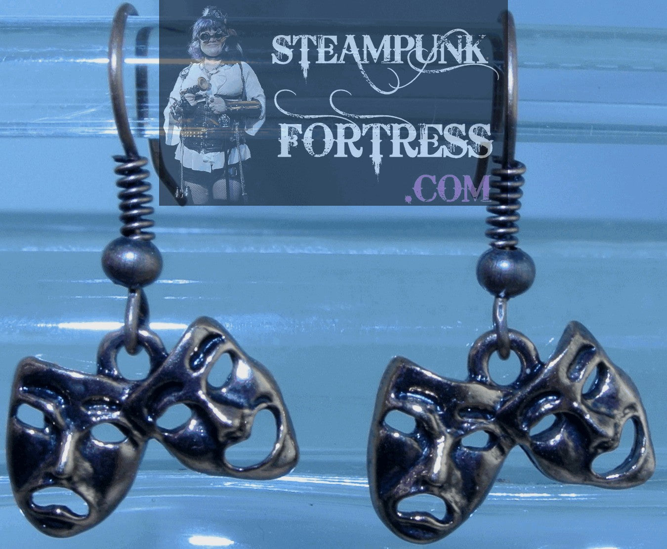 COPPER DRAMA THEATRE THEATER MASKS PIERCED EARRINGS STARR WILDE STEAMPUNK FORTRESS