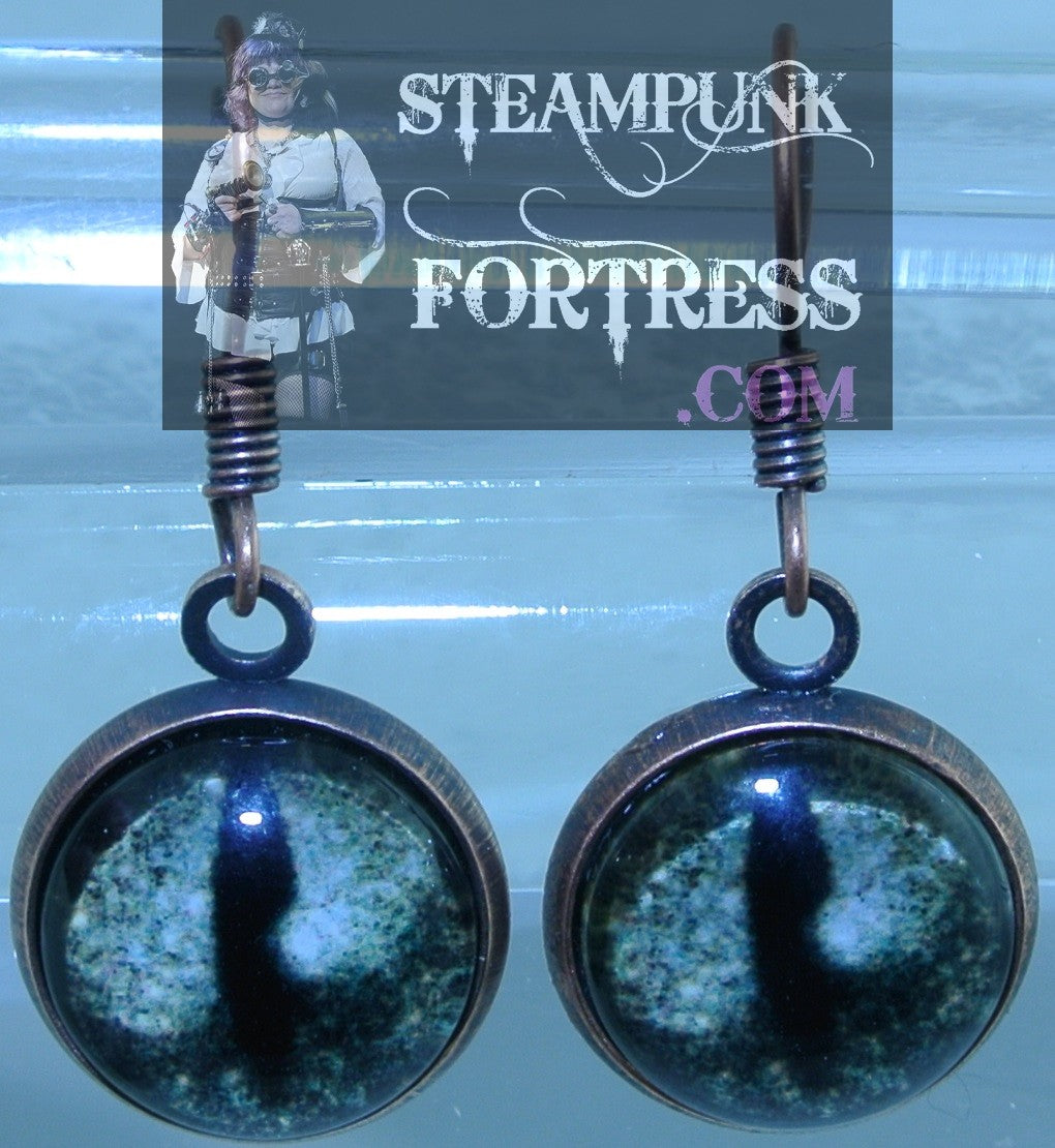 COPPER EYE GREEN GREY GRAY CAT PUPIL LIZARD DRAGON PIERCED EARRINGS HALLOWEEN STARR WILDE STEAMPUNK FORTRESS
