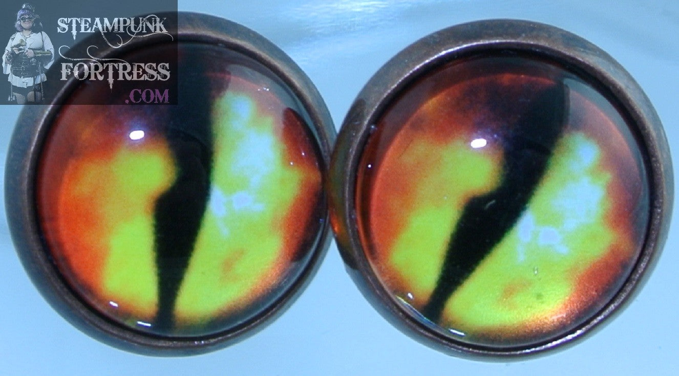 COPPER EYE YELLOW RED FIRE FLAMES CATS EYE PUPIL DRAGON LIZARD STUDS PIERCED EARRINGS TEARS CRYING HALLOWEEN STARR WILDE STEAMPUNK FORTRESS