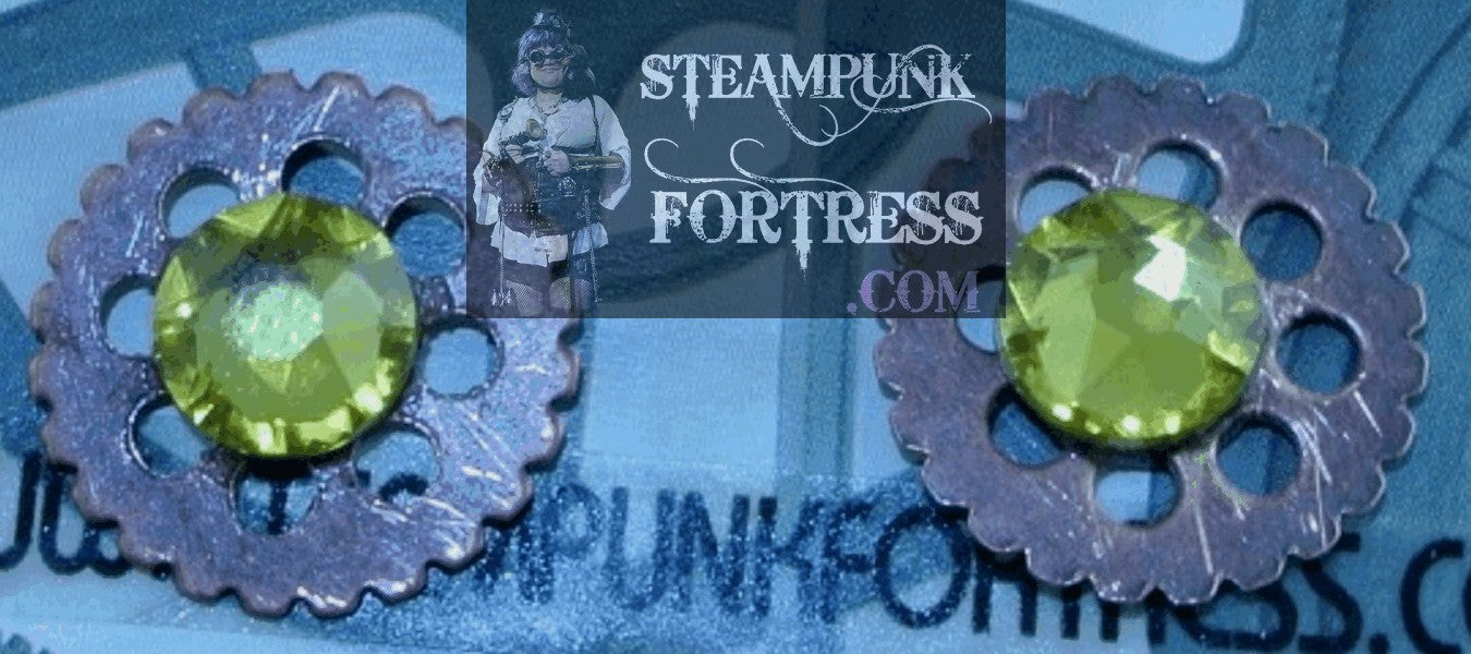 COPPER GEARS ROUND 7MM YELLOW JONQUIL SWAROVSKI CRYSTALS STUDS PIERCED EARRINGS WATCH CLOCK STARR WILDE STEAMPUNK FORTRESS