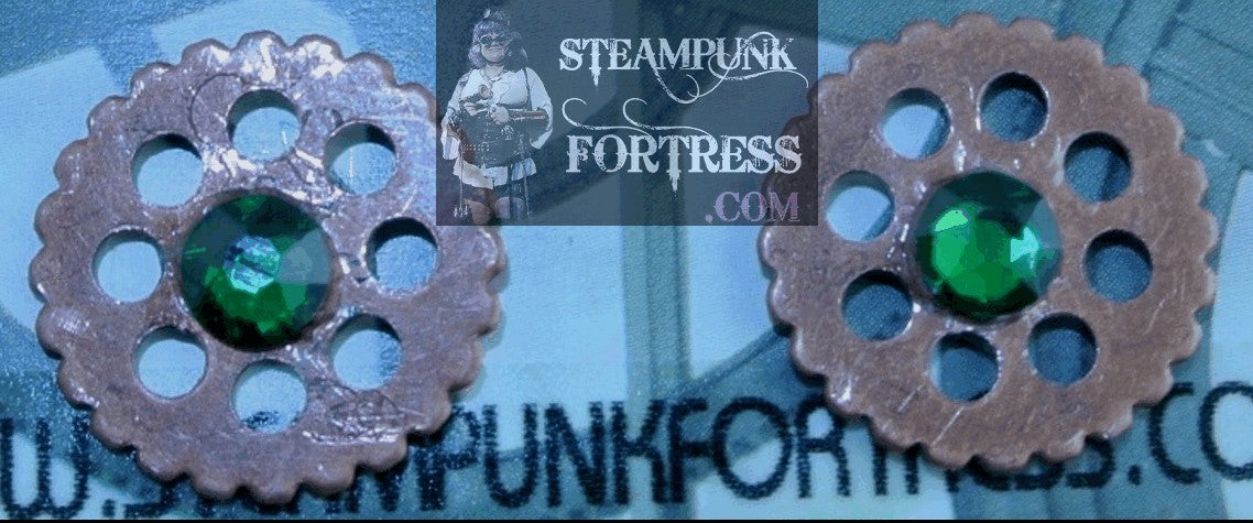 COPPER GEARS ROUND 5MM GREEN SWAROVSKI CRYSTALS STUDS PIERCED EARRINGS WATCH CLOCK STARR WILDE STEAMPUNK FORTRESS