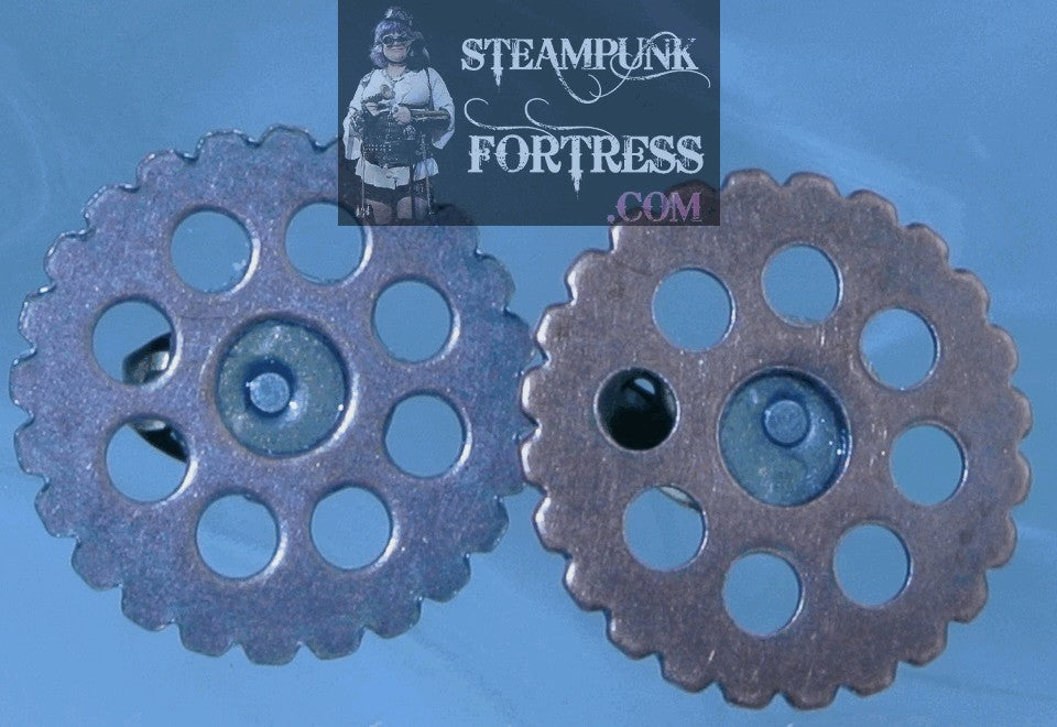 COPPER GEARS ROUND STUDS PIERCED EARRINGS WATCH CLOCK STARR WILDE STEAMPUNK FORTRESS
