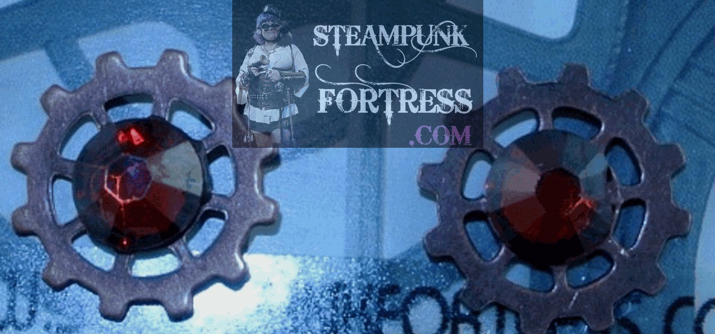 COPPER GEARS SPOKE WATCH CLOCK 7MM AMBER RED SWAROVSKI CRYSTALS STUDS PIERCED EARRINGS STARR WILDE STEAMPUNK FORTRESS DUPLICATE