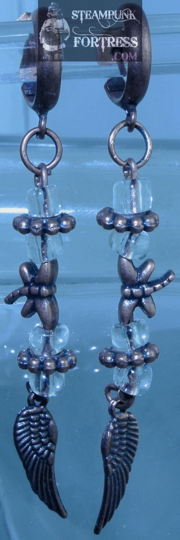 COPPER DRAGONFLY DRAGONFLIES WINGS CLEAR BEADS HOOPS PIERCED EARRINGS FAIRY COSPLAY COSTUME HALLOWEEN STARR WILDE STEAMPUNK FORTRESS