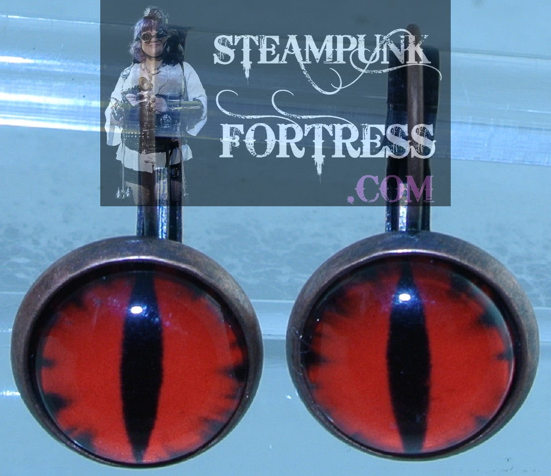 COPPER EYES RED FLAMES FIRE CAT PUPILS LIZARD DRAGON PIERCED LEVER BACK EARRINGS STARR WILDE STEAMPUNK FORTRESS