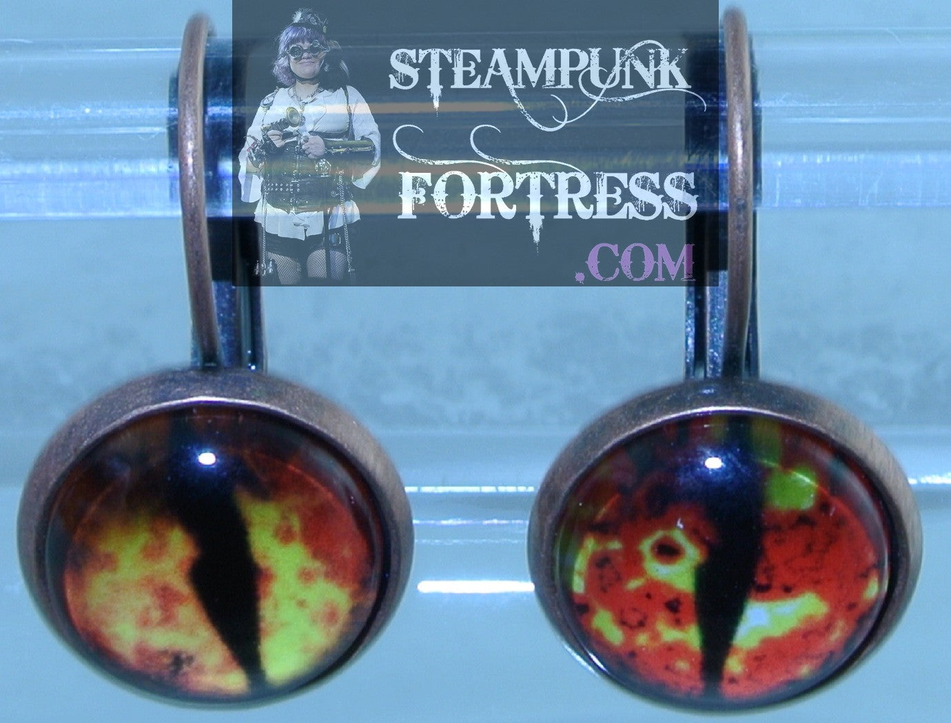 COPPER EYES YELLOW RED FLAMES FIRE CAT PUPILS LIZARD DRAGON PIERCED LEVER BACK EARRINGS STARR WILDE STEAMPUNK FORTRESS