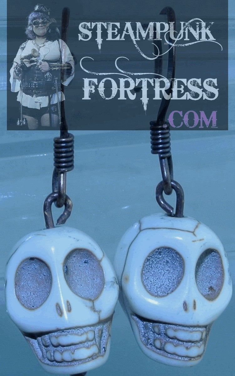 COPPER SKULLS HOWLITE WHITE GEMSTONE PIRATE HALLOWEEN COPPER PIERCED EARRINGS STARR WILDE STEAMPUNK FORTRESS