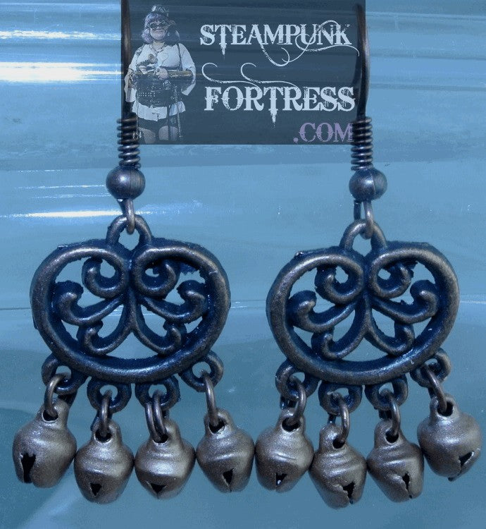COPPER FOCAL ROUND HEART DROP 4 SMALL COPPER BELLS PIERCED EARRINGS BELLY DANCER GYPSY HALLOWEEN STARR WILDE STEAMPUNK FORTRESS