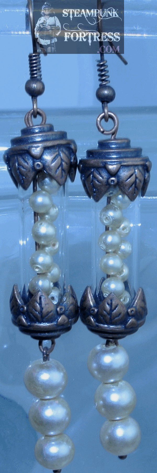 COPPER VIAL SCROLL PEARLS 3 PEARL DROP GLASS PIERCED EARRINGS STARR WILDE STEAMPUNK FORTRESS