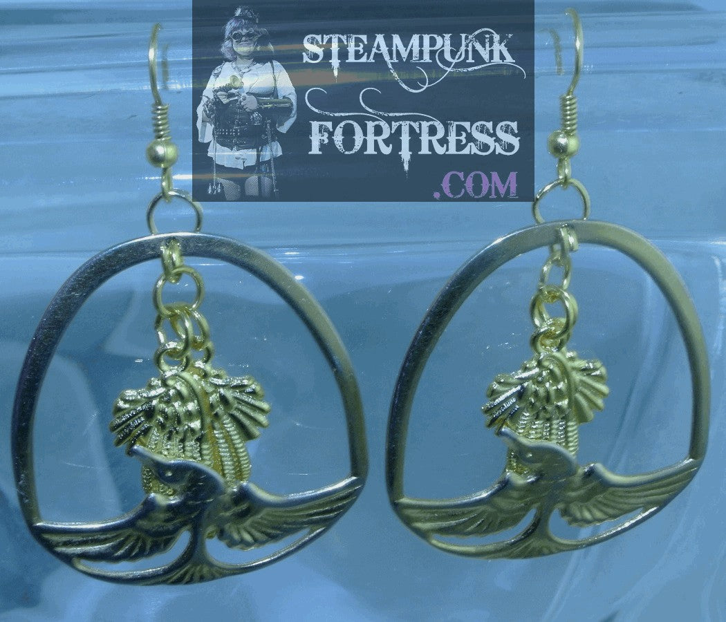 GOLD BIRDS FRAME 2 GOLD WINGS PIERCED EARRINGS STARR WILDE STEAMPUNK FORTRESS