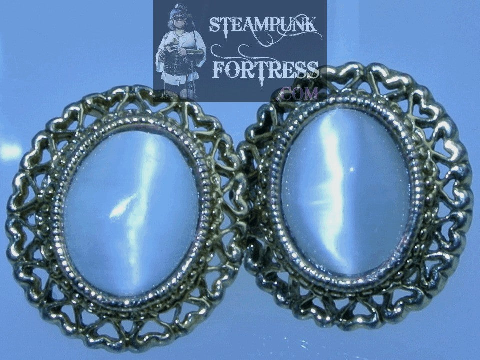 GOLD CATS EYE GEMSTONES STONES WHITE HEARTS OVAL STUDS PIERCED EARRINGS STARR WILDE STEAMPUNK FORTRESS