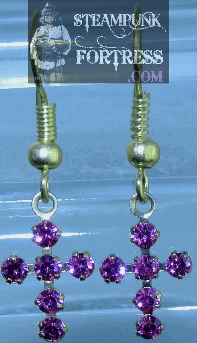 GOLD CROSSES PINK ROSE SWAROVSKI CRYSTALS PIERCED EARRINGS DAINTY STARR WILDE STEAMPUNK FORTRESS DUPLICATE