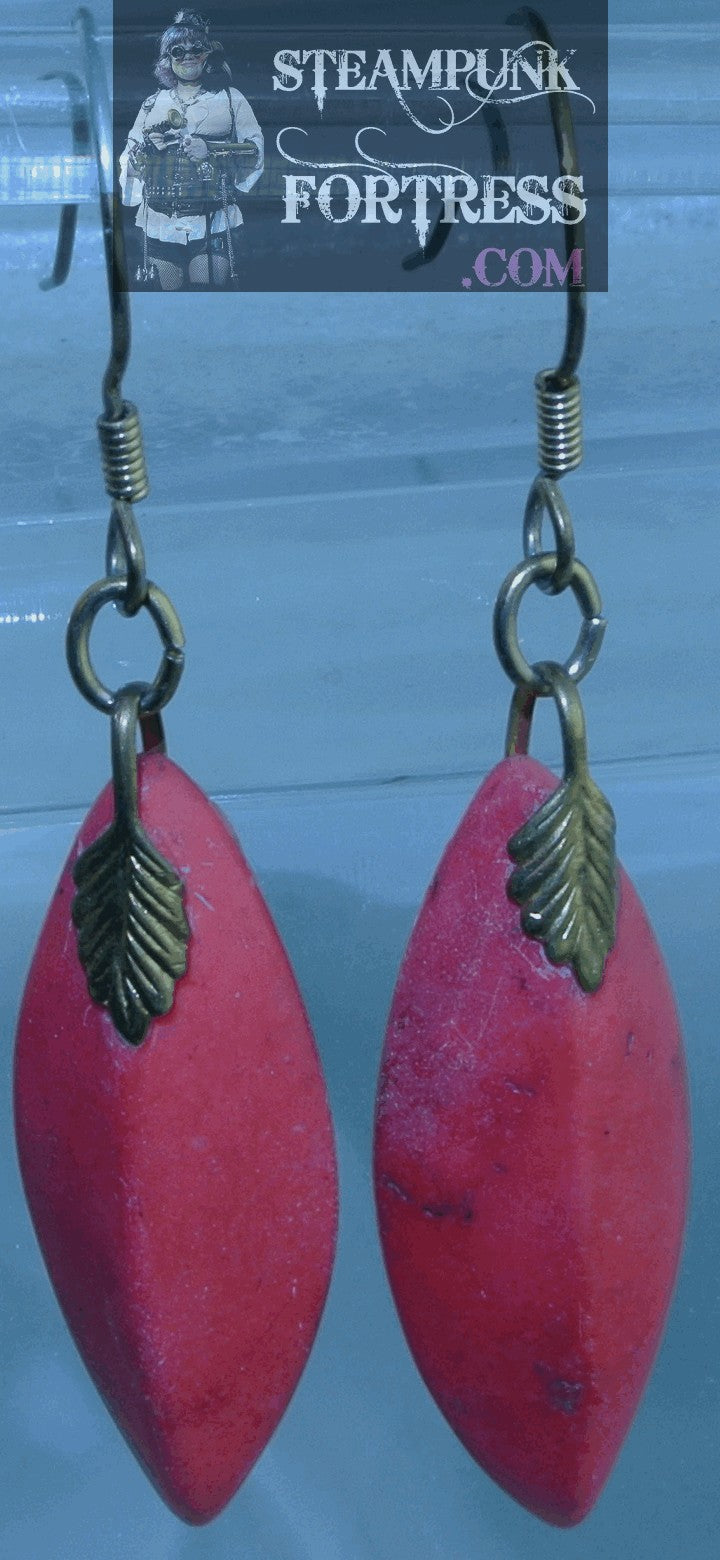 GOLD JASPER ORANGE GEMSTONES STONES POINTED OVAL GOLD LEAF PIERCED EARRINGS STARR WILDE STEAMPUNK FORTRESS