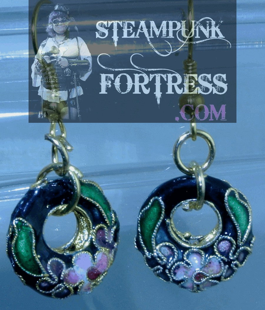 GOLD CLOISONNE BLACK PINK FLOWERS DONUT ENAMEL PIERCED EARRINGS STARR WILDE STEAMPUNK FORTRESS