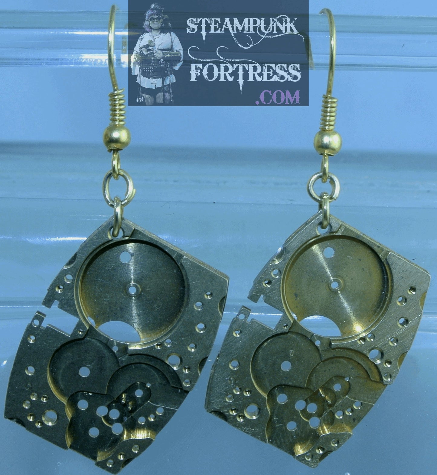BRASS ANTIQUE GOLD EMPTY MOVEMENT RECTANGLES AUTHENTIC GENUINE WATCH CLOCK GEARS PIERCED EARRINGS STARR WILDE STEAMPUNK FORTRESS