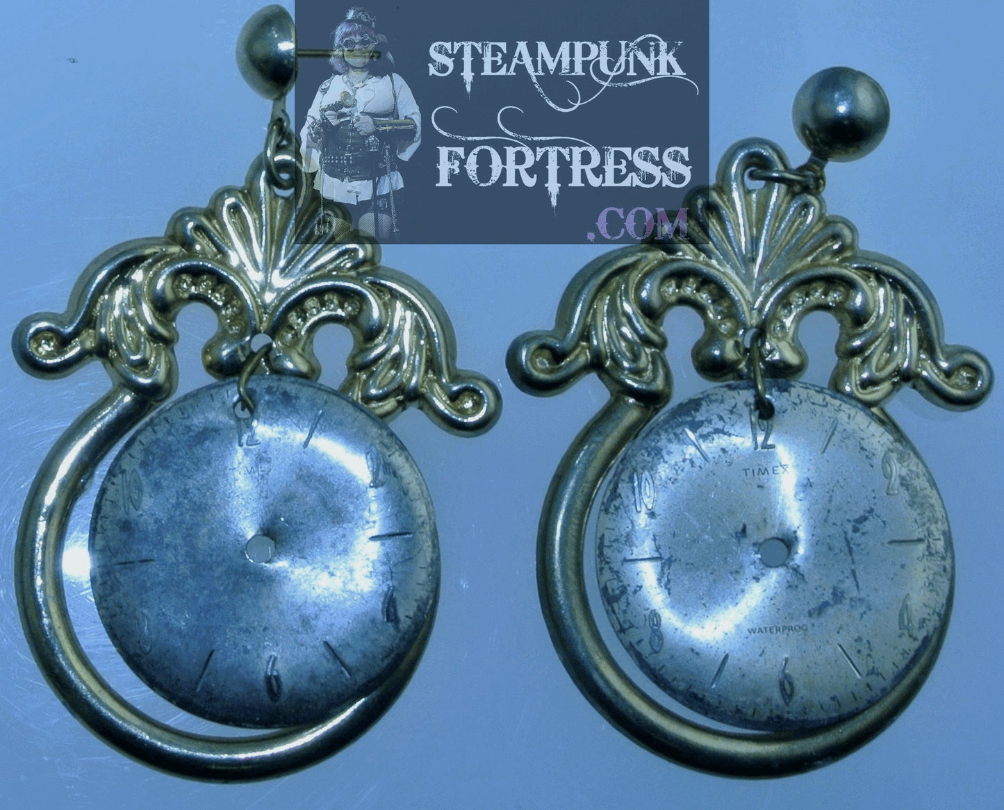 GOLD TIMEX FACE WATCH CLOCK AUTHENTIC GENUINE DIAL GOLD FANCY FRAME STUDS PIERCED EARRINGS STARR WILDE STEAMPUNK FORTRESS