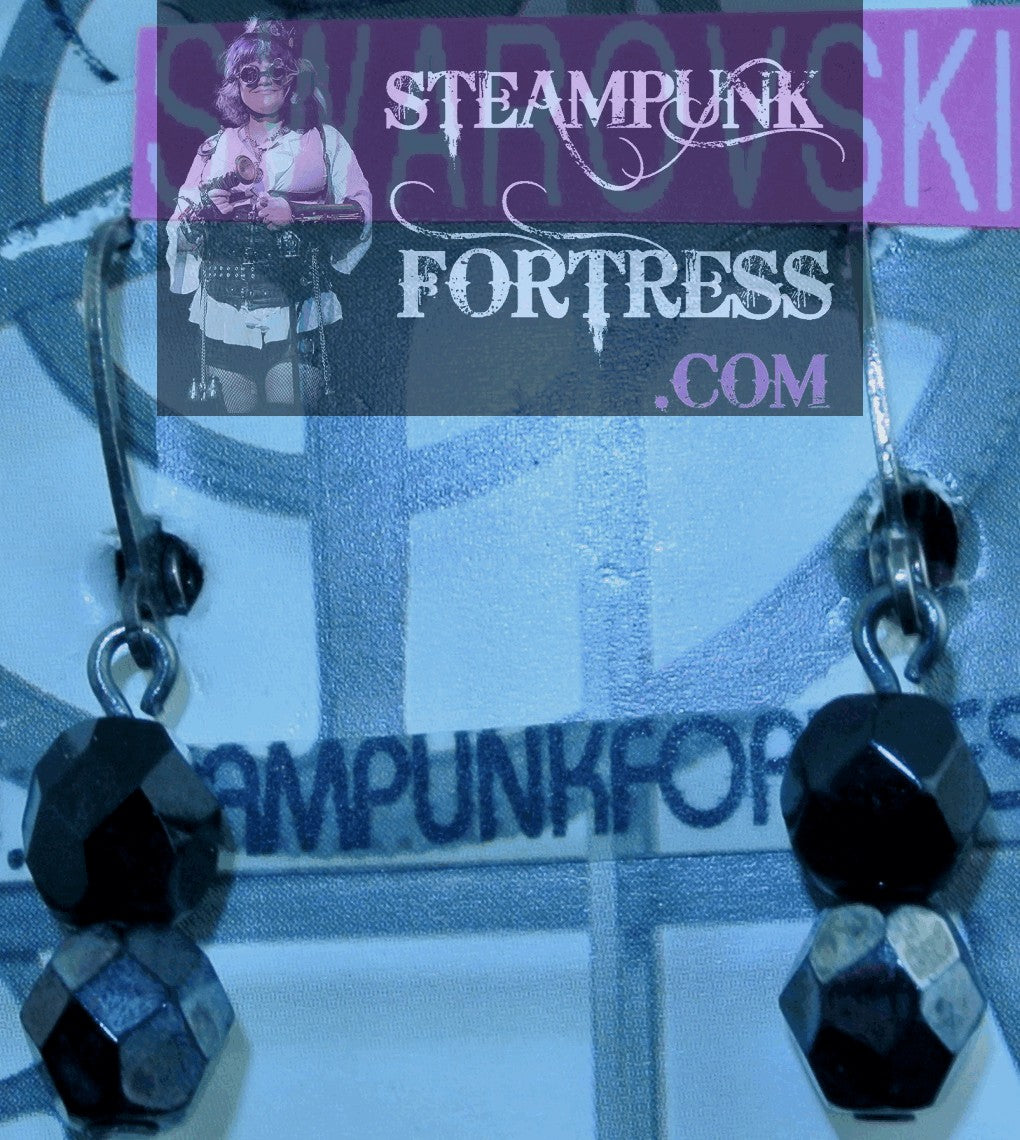 SILVER BLACK GREY GRAY HEMATITE SWAROVSKI CRYSTALS GUNMETAL PIERCED EARRINGS STARR WILDE STEAMPUNK FORTRESS