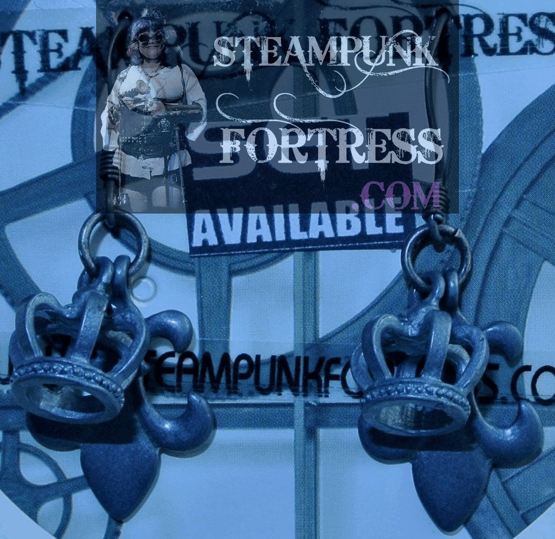 GUNMETAL FLEUR DE LIS CROWNS SILVER GUN PIERCED EARRINGS SET AVAILABLE STARR WILDE STEAMPUNK FORTRESS