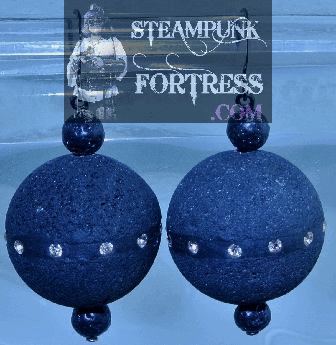 GUNMETAL LAVA ROCK ROUNDS INLAID WITH VINTAGE ROSE PINK SWAROVSKI CRYSTALS SMALLER LAVA ROCK ROUNDS PIERCED EARRINGS STARR WILDE STEAMPUNK FORTRESS