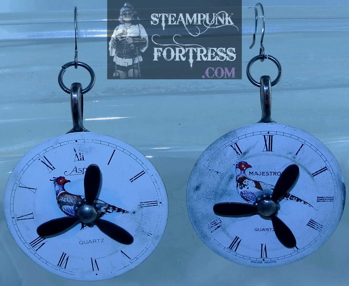 GUNMETAL PHEASANT BIRD PORCELAIN DIAL WATCH CLOCK FACE BLACK PROPELLER KINETIC SPINS SPINNING PIERCED EARRINGS STARR WILDE STEAMPUNK FORTRESS