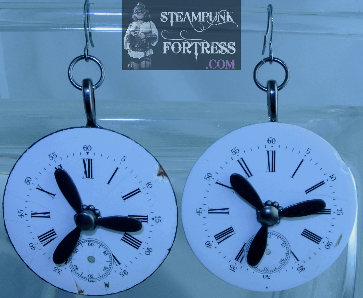 GUNMETAL PORCELAIN DIAL FACE WATCH CLOCK BLACK PROPELLER SPINS SPINNING KINETIC PIERCED EARRINGS STARR WILDE STEAMPUNK FORTRESS