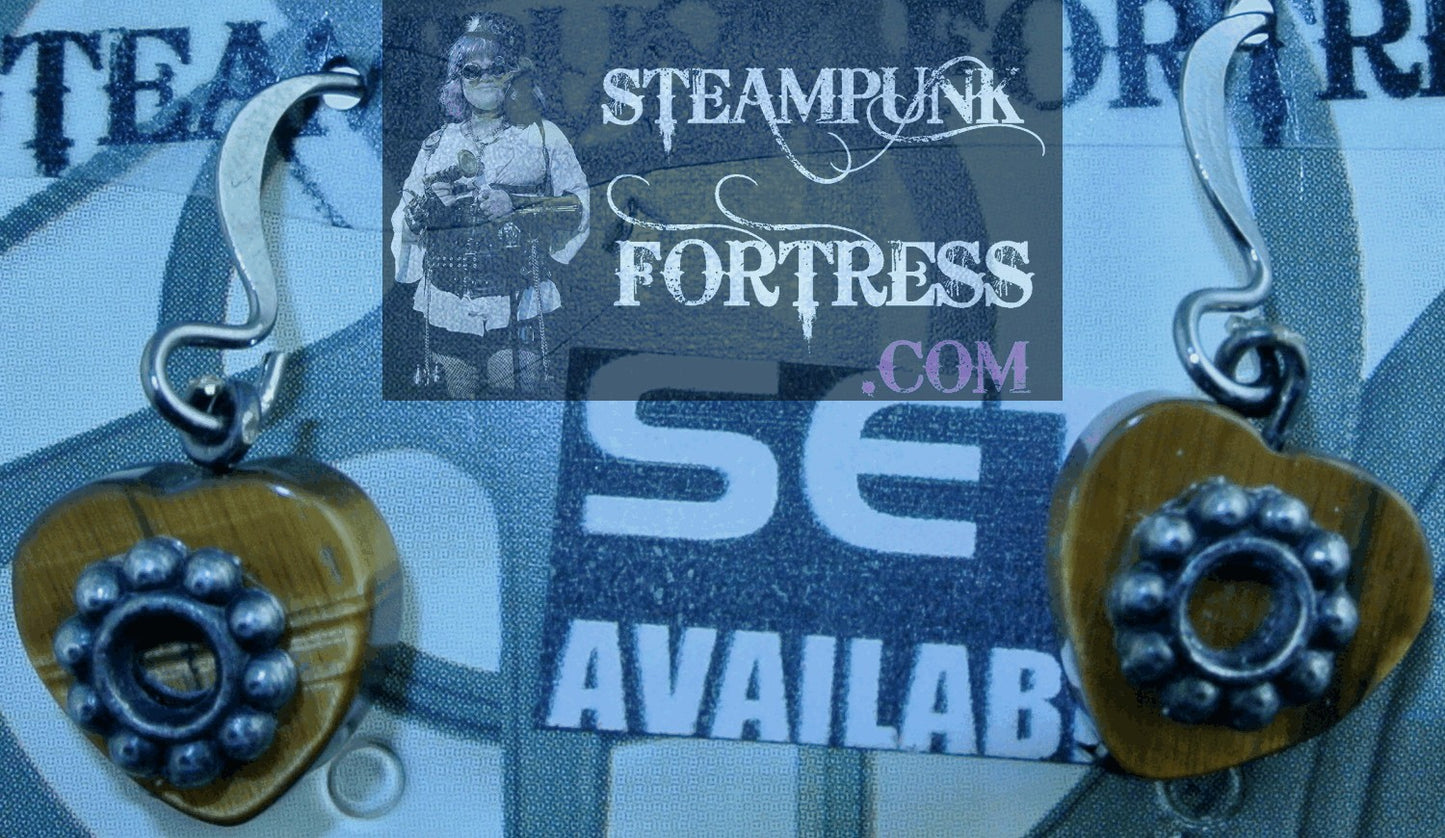 GUNMETAL TIGERS EYE GEMSTONE HEART GEAR PIERCED EARRINGS SET AVAILABLE STARR WILDE STEAMPUNK FORTRESS