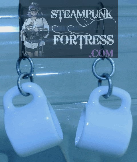 GUNMETAL CUPS COFFEE TEA PORCELAIN CERAMIC LARGE PIERCED EARRINGS STARR WILDE STEAMPUNK FORTRESS