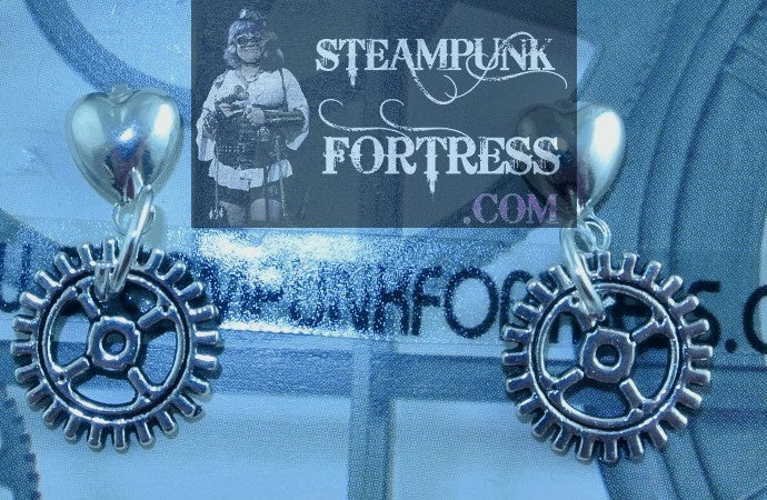 SILVER GEARS 4 ARM HEARTS STUDS PIERCED EARRINGS WATCH CLOCK STARR WILDE STEAMPUNK FORTRESS