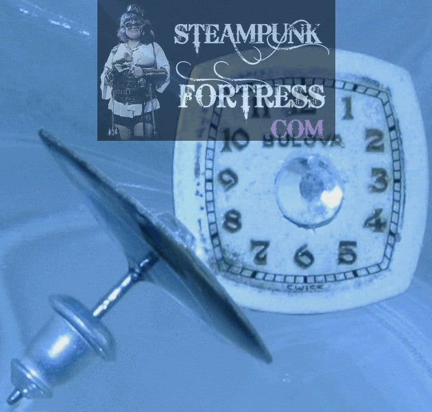 SILVER BULOVA WHITE AUTHENTIC GENUINE CLOCK FACE WATCH DIAL CLEAR SWAROVSKI CRYSTALS STUDS PIERCED EARRINGS STARR WILDE STEAMPUNK FORTRESS