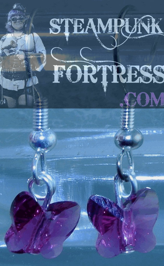 SILVER BUTTERFLY BUTTERFLIES FUSCHIA 8MM HOT PINK SWAROVSKI CRYSTALS PIERCED EARRINGS STARR WILDE STEAMPUNK FORTRESS