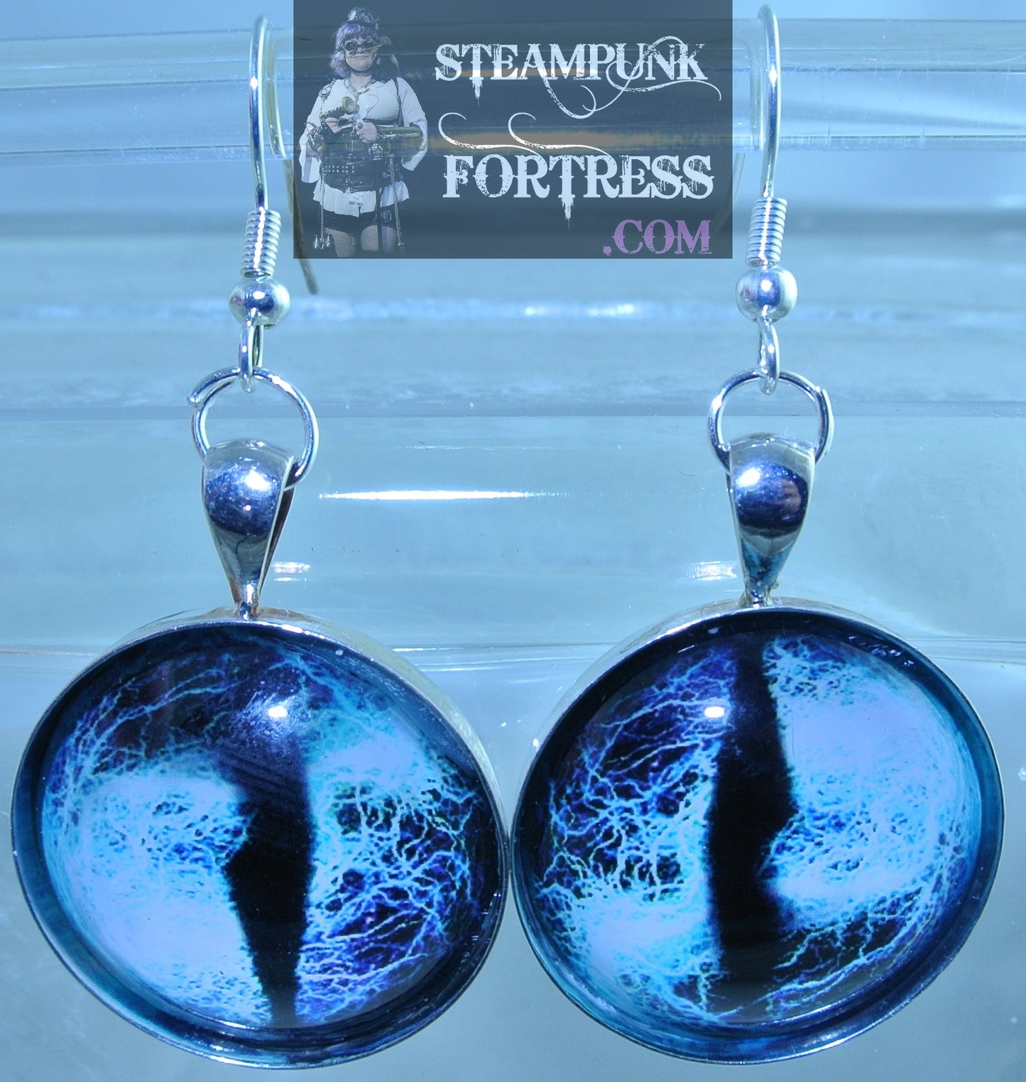 SILVER EYES BLUE GREEN SWIRL CAT PUPILS LIZARD DRAGON PIERCED EARRINGS HALLOWEEN STARR WILDE STEAMPUNK FORTRESS