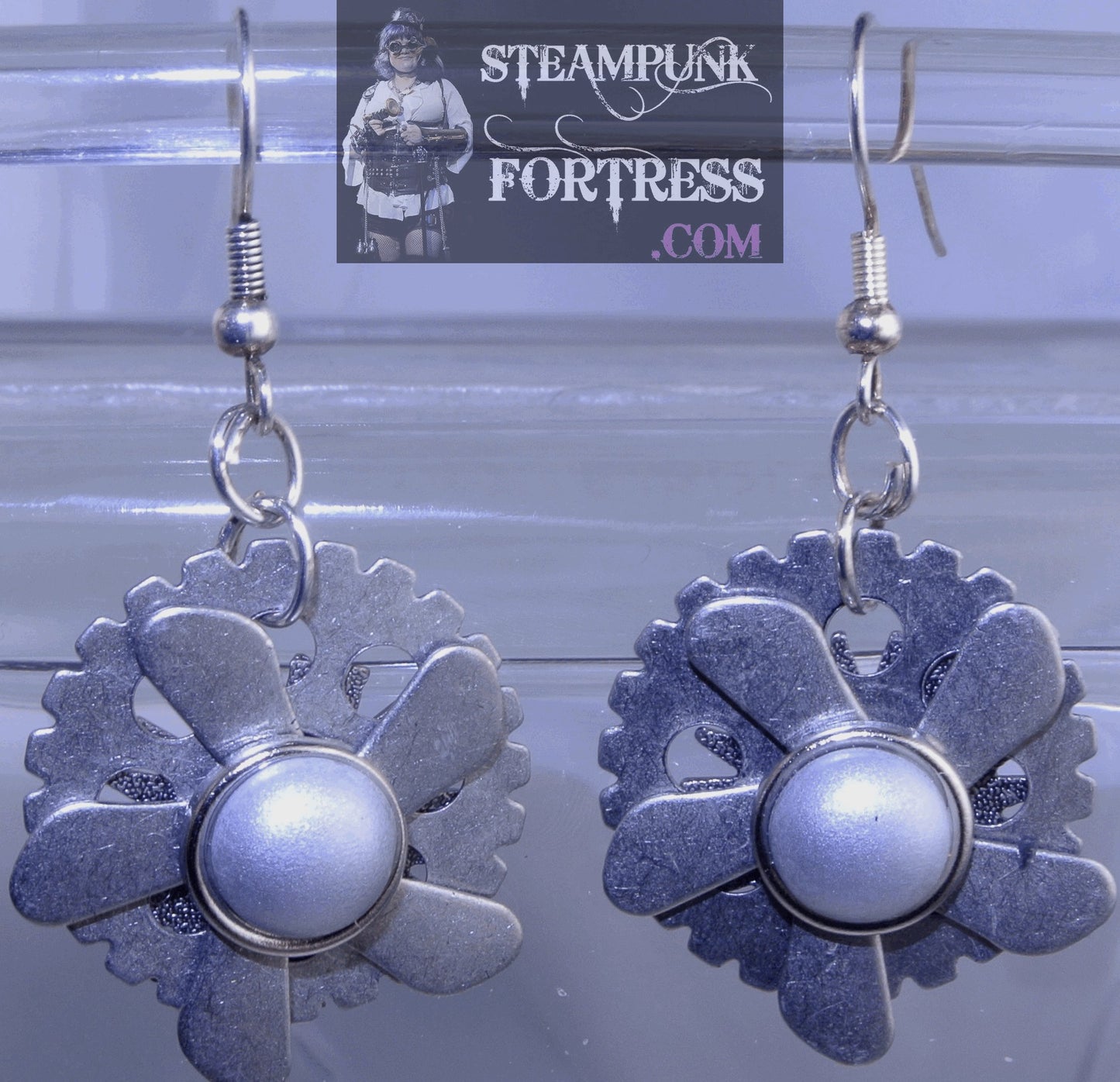 SILVER GEARS ROUND WATCH CLOCK KINETIC SPINS SPINNING PROPELLERS 5 ARM GREY PEARL CENTER PIERCED EARRINGS STARR WILDE STEAMPUNK FORTRESS