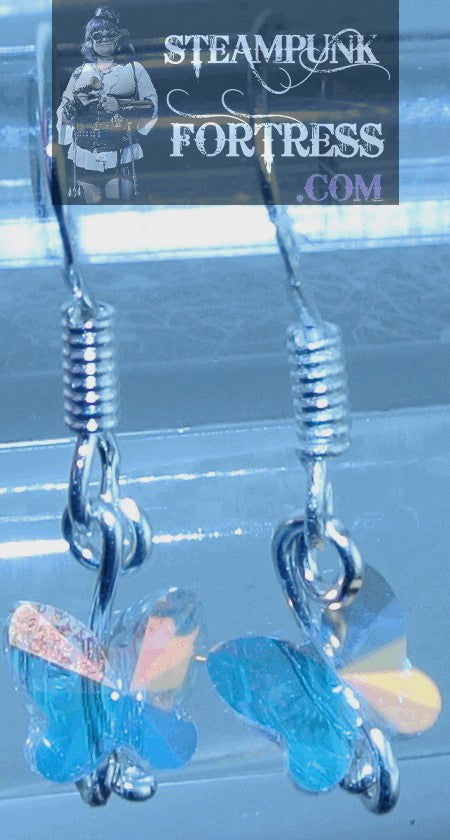 SILVER STERLING BUTTERFLY BUTTERFLIES CLEAR AB AURORA BOREALIS 5MM SWAROVSKI CRYSTALS PIERCED EARRINGS STARR WILDE STEAMPUNK FORTRESS