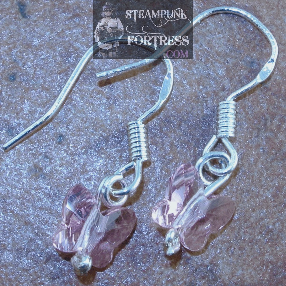 SILVER STERLING BUTTERFLY BUTTERFLIES ROSE PINK LIGHT 5MM SWAROVSKI CRYSTALS PIERCED EARRINGS STARR WILDE STEAMPUNK FORTRESS