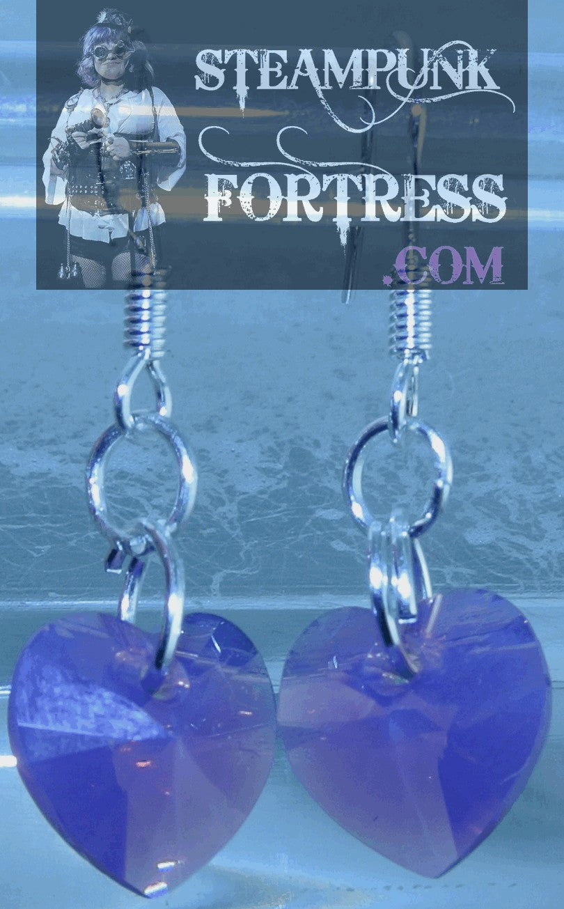 SILVER STERLING HEARTS CYCLAMEN OPAL PURPLE LILAC MILKY SWAROVSKI CRYSTALS PIERCED EARRINGS STARR WILDE STEAMPUNK FORTRESS