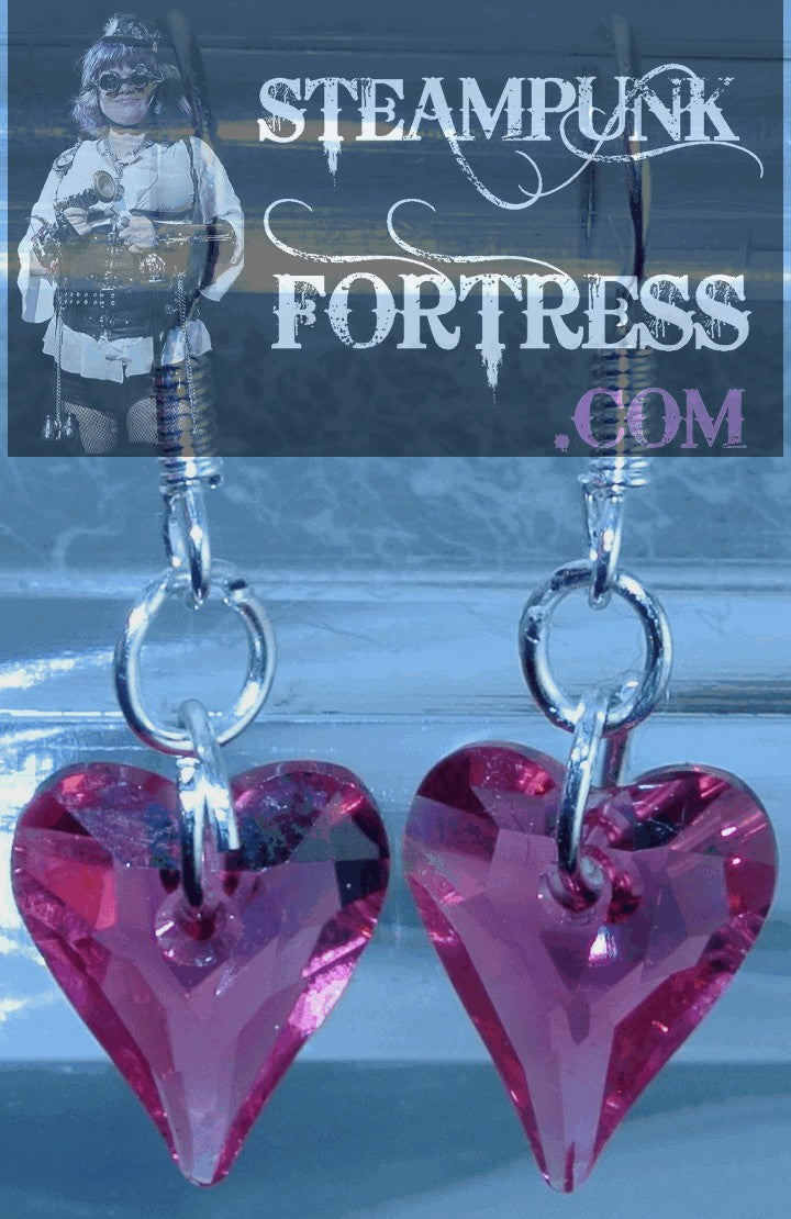 SILVER STERLING HEARTS WILD INDIAN PINK SWAROVSKI CRYSTALS PIERCED EARRINGS STARR WILDE STEAMPUNK FORTRESS