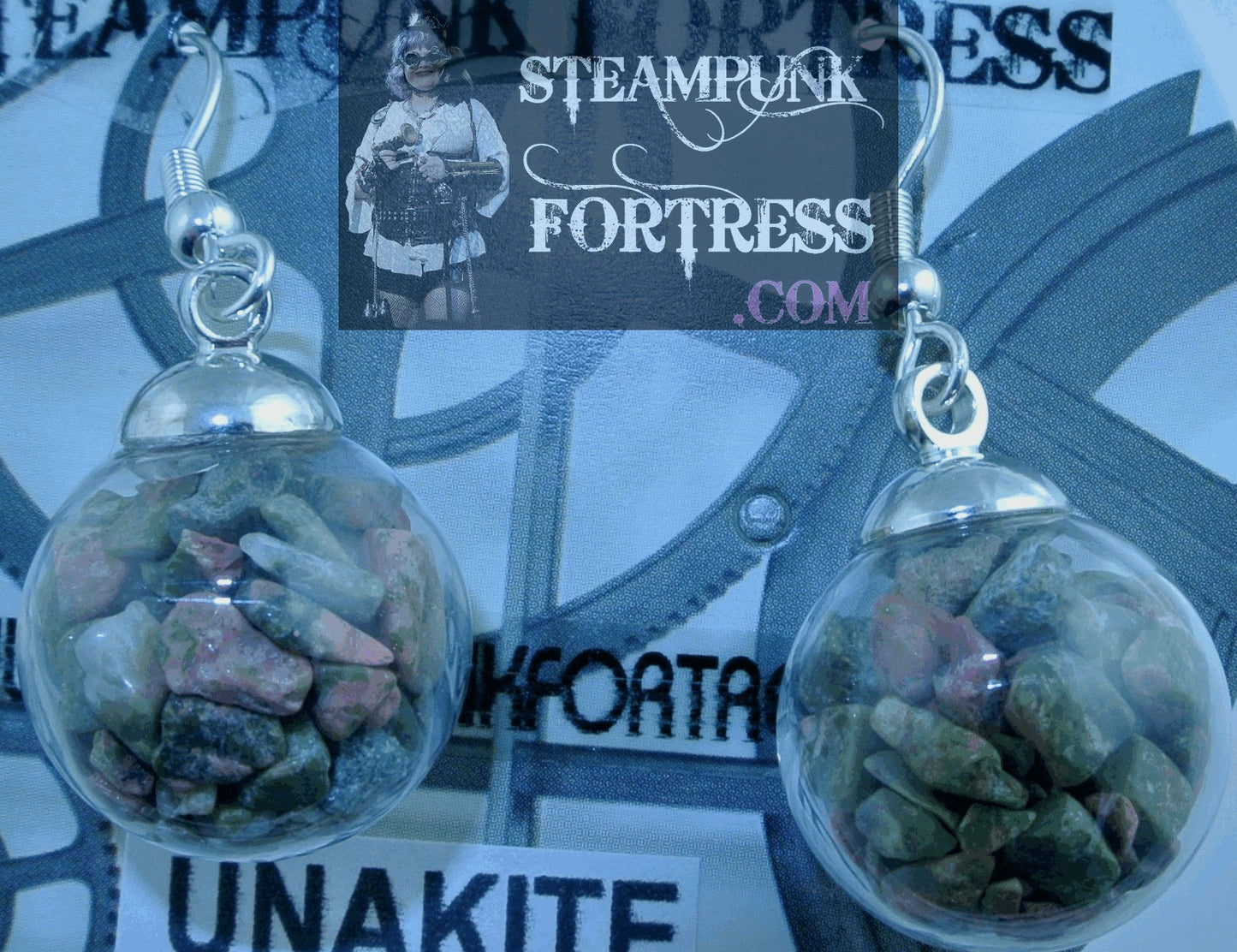SILVER VIAL 16MM GLASS GLOBE ROUND UNAKITE GEMSTONES STONES CHIPS PIERCED EARRINGS STARR WILDE STEAMPUNK FORTRESS