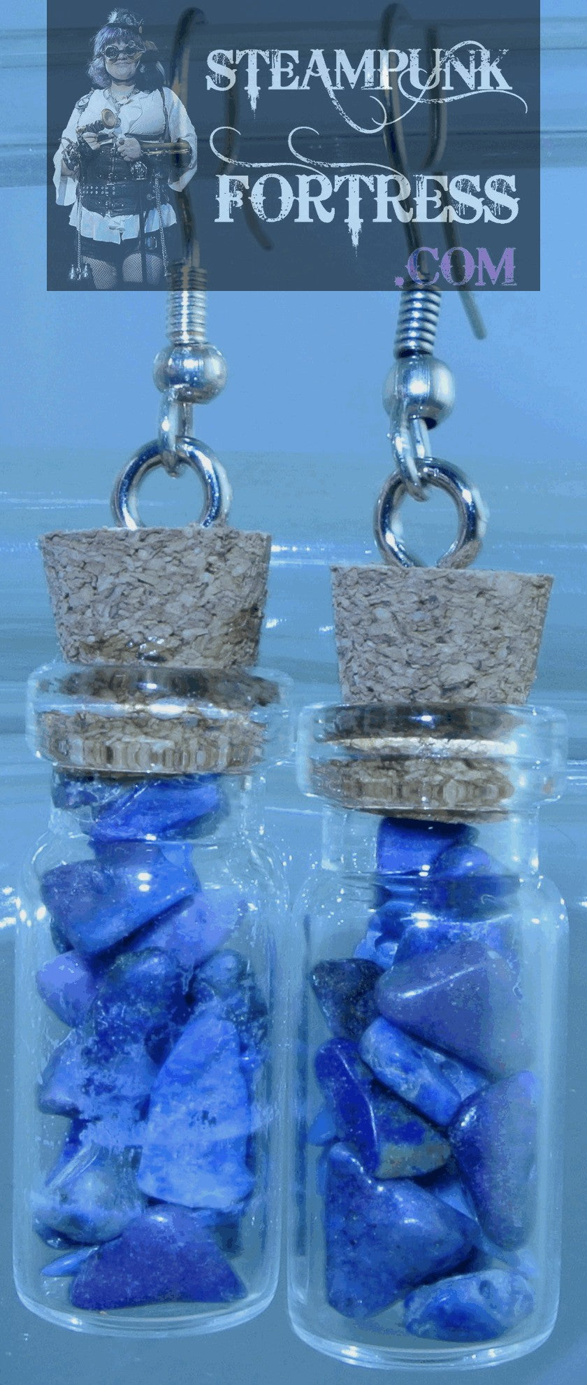 SILVER VIAL GLASS CORK BOTTLE LAPIS LAZULI GEMSTONES STONES PIERCED EARRINGS STARR WILDE STEAMPUNK FORTRESS