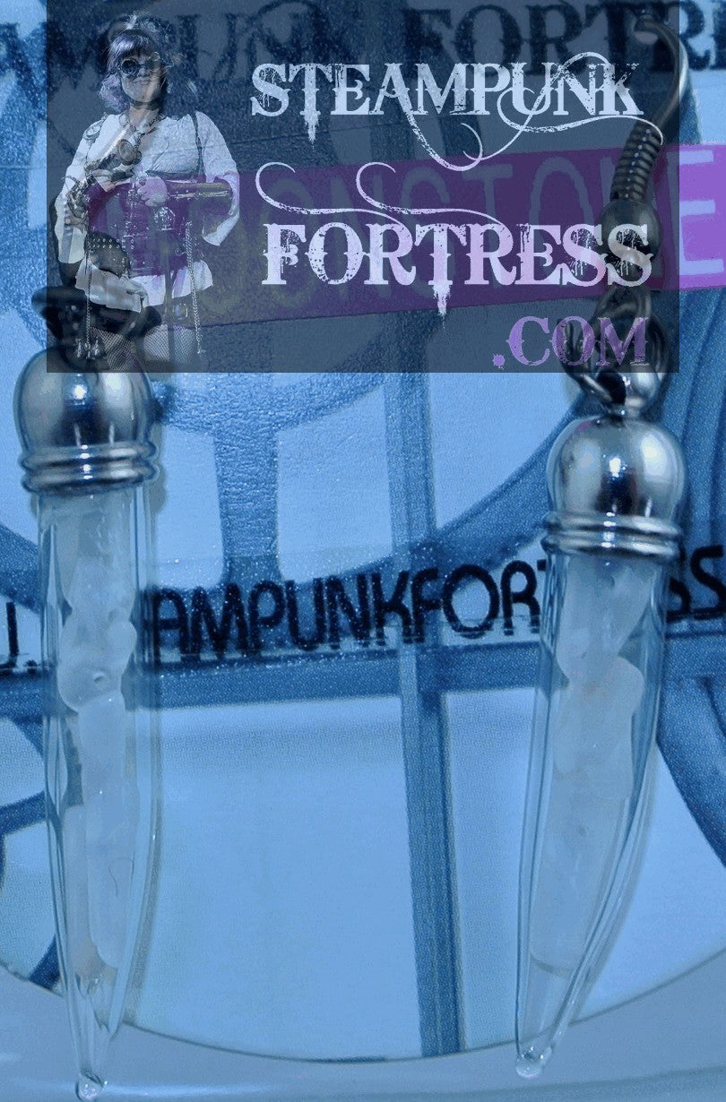 SILVER VIALS TEST TUBES POINTED CURVED MOONSTONE GEMSTONES STONES CHIPS PIERCED EARRINGS STARR WILDE STEAMPUNK FORTRESS