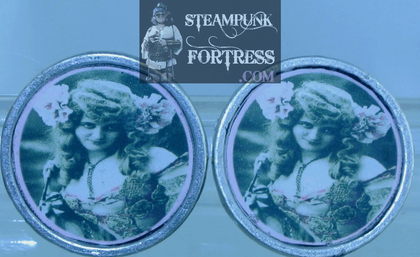 SILVER ROUND .75" VINTAGE LADIES GABY DESLYS BELLE EPOQUE ACTRESS DANCER SINGER PINK FLOWERS PIERCED EARRINGS STARR WILDE STEAMPUNK FORTRESS