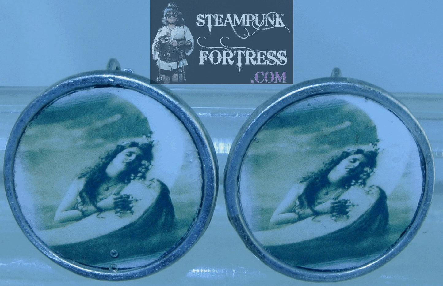 SILVER ROUND .75" VINTAGE LADIES LADY HUGGING MOON SEPIA PIERCED EARRINGS STARR WILDE STEAMPUNK FORTRESS