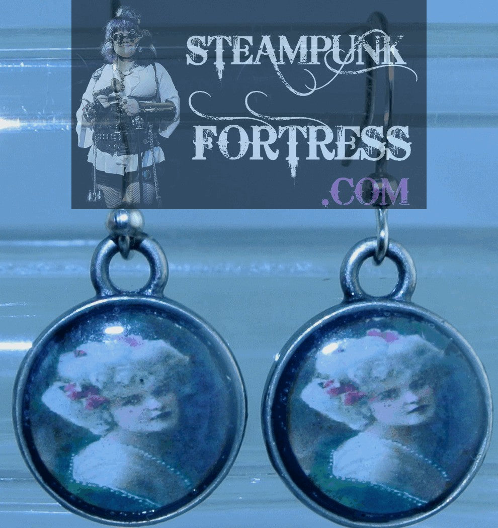 SILVER ROUND VINTAGE LADIES WHITE WIG PINK FLOWERS GREEN WRAP PIERCED EARRINGS STARR WILDE STEAMPUNK FORTRESS