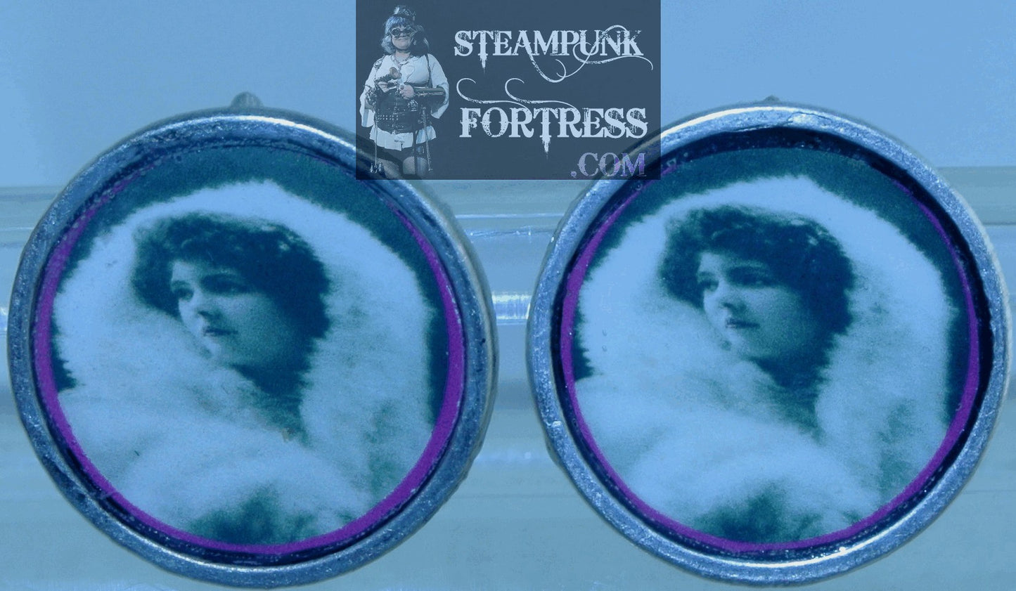 SILVER ROUND .75" VINTAGE LADIES WHITE HOOD SNOWGIRL SNOW LADY FUR DARK HAIRED PIERCED EARRINGS STARR WILDE STEAMPUNK FORTRESS